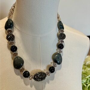 Chunky Statement Beaded Necklace | Gray Black Crystal Accent